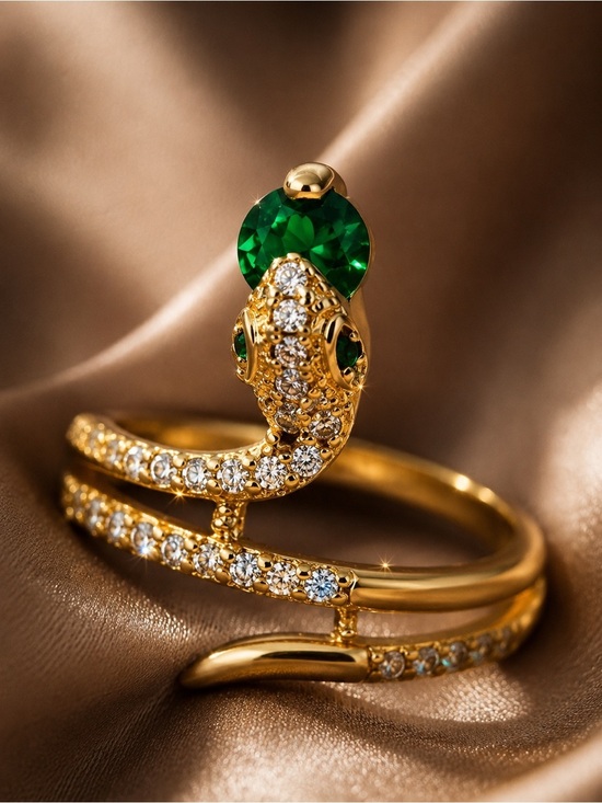 Anthropologie Jewelry - Gold Tone Snake Ring with Emerald Green Gem